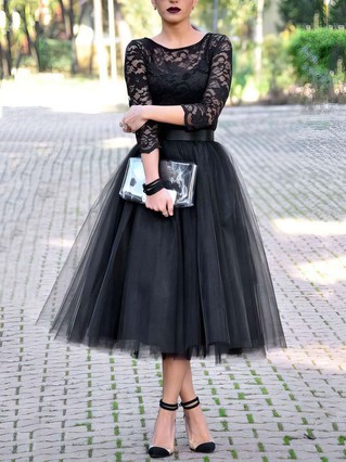 Princess Scoop Neck Lace Tulle Tea-length Sashes / Ribbons Prom Dresses #Favs020103255 Princess Scoop Neck Lace Tulle Tea-length Sashes / Ribbons Prom Dresses #Favs020103255