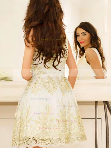 A-line V-neck Lace Short/Mini Short Prom Dresses With Appliques Lace #Favs020020110554