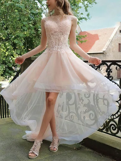 A-line Scoop Neck Tulle Asymmetrical Appliques Lace Short Prom Dresses #Favs020020109404