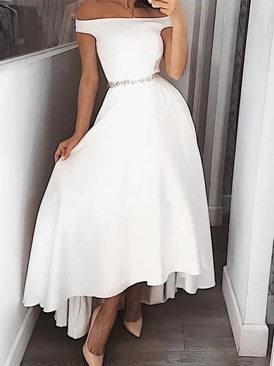 A-line Off-the-shoulder Silk-like Satin Asymmetrical Short Prom Dresses With Sashes / Ribbons #Favs020020111780