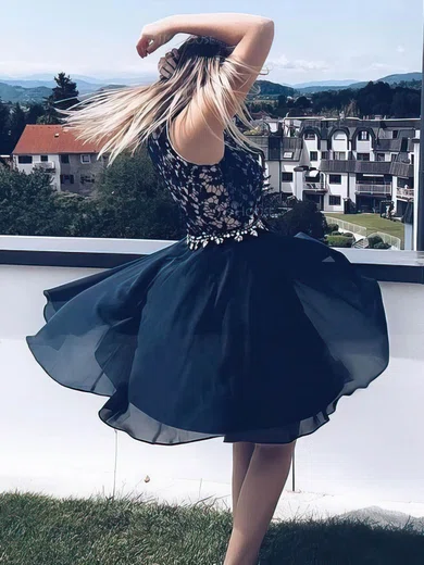 A-line High Neck Lace Chiffon Knee-length Beading Short Prom Dresses #Favs020020109406