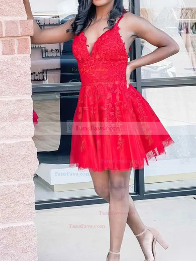 A-line V-neck Lace Tulle Short/Mini Short Prom Dresses With Appliques Lace #Favs020020110182