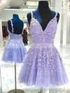A-line V-neck Lace Tulle Short/Mini Short Prom Dresses With Appliques Lace #Favs020020110182