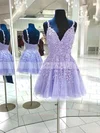 A-line V-neck Lace Tulle Short/Mini Short Prom Dresses With Appliques Lace #Favs020020110182