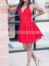 A-line V-neck Lace Tulle Short/Mini Short Prom Dresses With Appliques Lace #Favs020020110182