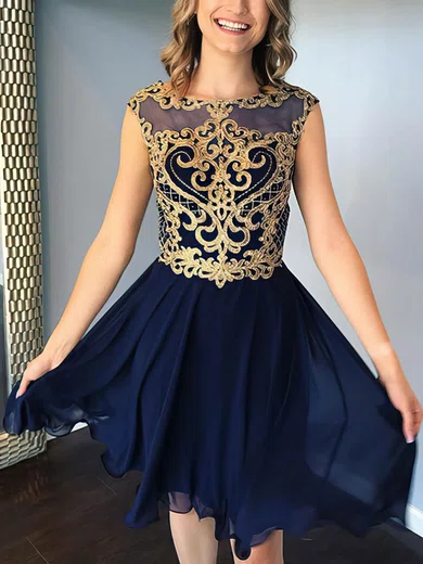 A-line Scoop Neck Chiffon Knee-length Short Prom Dresses With Lace #Favs020020111783