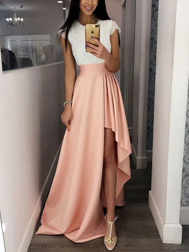A-line Scoop Neck Silk-like Satin Asymmetrical Short Prom Dresses With Lace #Favs020020111785