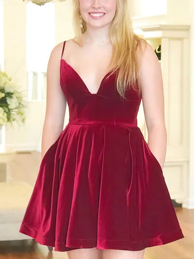 A-line V-neck Velvet Short/Mini Short Prom Dresses With Pockets #Favs020020110188