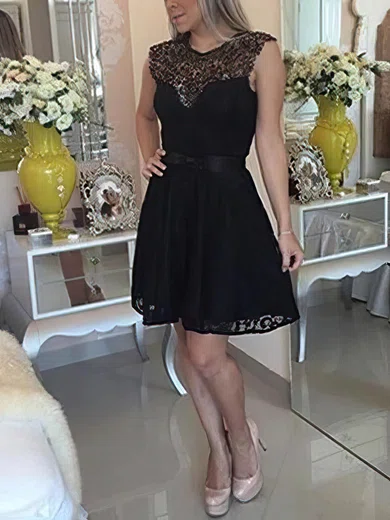 A-line Scoop Neck Lace Knee-length Short Prom Dresses With Sashes / Ribbons #Favs020020111788