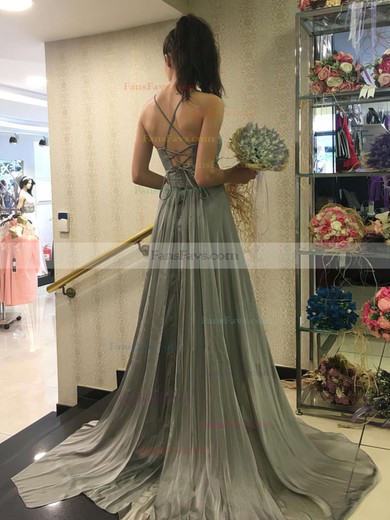 A-line V-neck Chiffon Sweep Train Prom Dresses #Favs020104896