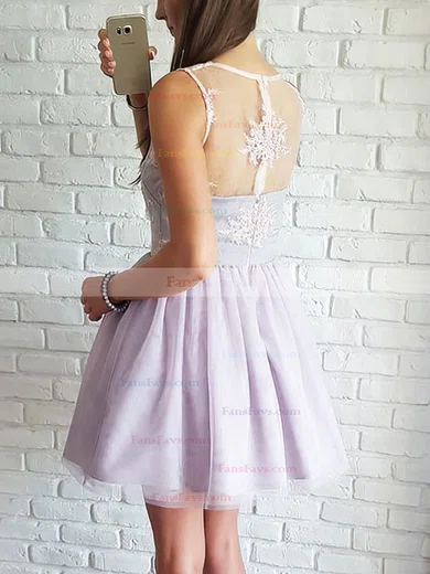 A-line V-neck Tulle Short/Mini Appliques Lace Short Prom Dresses #Favs020020109415