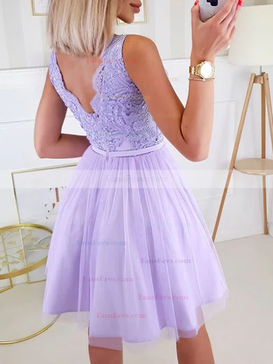 A-line V-neck Lace Tulle Short/Mini Appliques Lace Short Prom Dresses #Favs020020109416