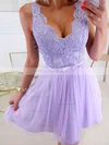 A-line V-neck Lace Tulle Short/Mini Appliques Lace Short Prom Dresses #Favs020020109416