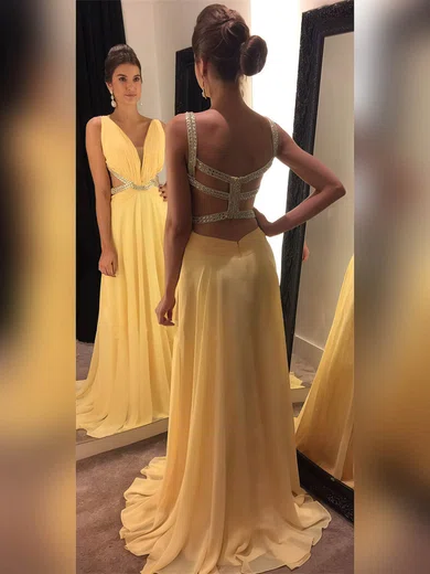A-line V-neck Chiffon Sweep Train Beading Prom Dresses #Favs020104956