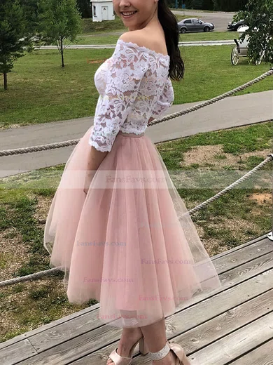 A-line Off-the-shoulder Lace Tulle Tea-length Short Prom Dresses #Favs020020109418