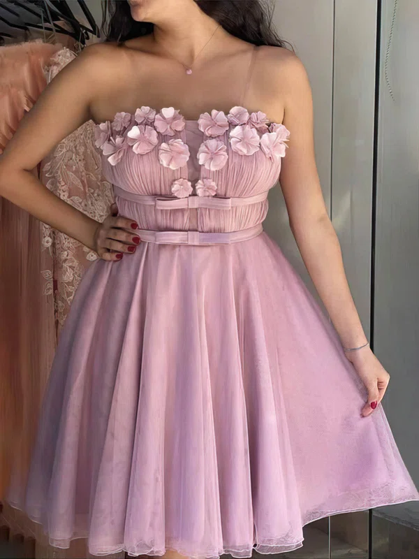 A-line Strapless Tulle Knee-length Short Prom Dresses With Sashes / Ribbons #Favs020020111794
