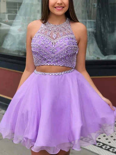 A-line Scoop Neck Chiffon Short/Mini Beading Short Prom Dresses #Favs020020109421