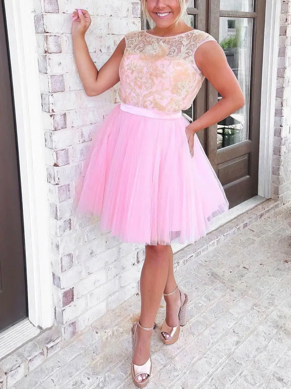 A-line Scoop Neck Tulle Short/Mini Short Prom Dresses With Lace #Favs020020111797