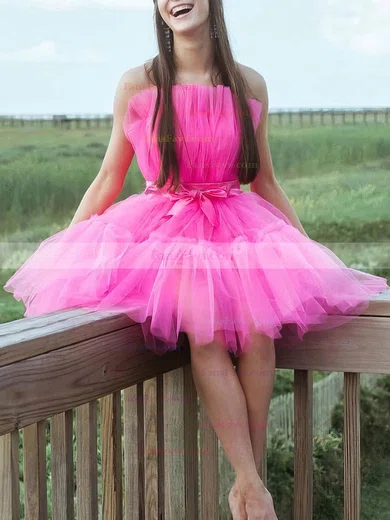 A-line Strapless Tulle Short/Mini Short Prom Dresses With Sashes / Ribbons #Favs020020110200