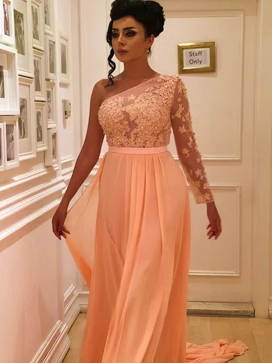 Sheath/Column One Shoulder Chiffon Sweep Train Appliques Lace Prom Dresses #Favs020104983