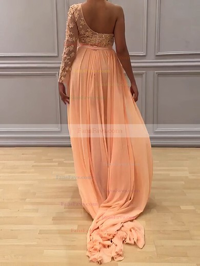 Sheath/Column One Shoulder Chiffon Sweep Train Appliques Lace Prom Dresses #Favs020104983