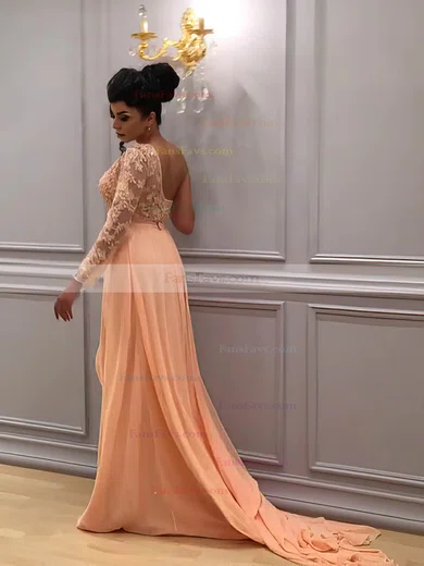 Sheath/Column One Shoulder Chiffon Sweep Train Appliques Lace Prom Dresses #Favs020104983