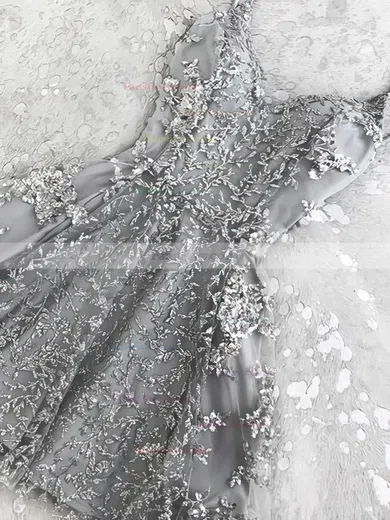 A-line V-neck Lace Tulle Short/Mini Short Prom Dresses With Appliques Lace #Favs020020110201