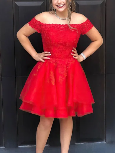 A-line Off-the-shoulder Lace Tulle Knee-length Appliques Lace Short Prom Dresses #Favs020020109426