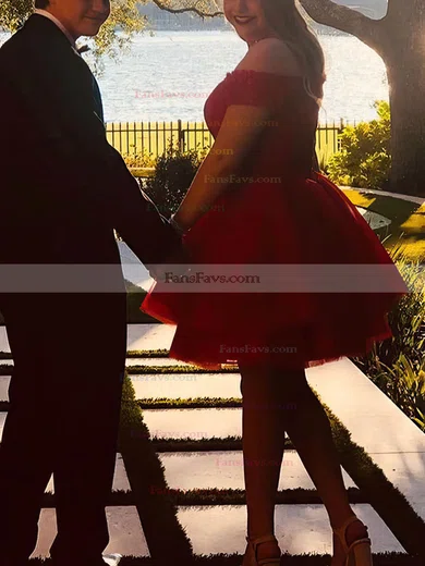 A-line Off-the-shoulder Lace Tulle Knee-length Appliques Lace Short Prom Dresses #Favs020020109426