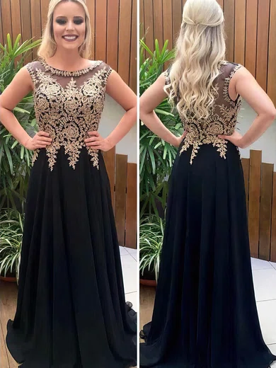 A-line Scoop Neck Chiffon Sweep Train Beading Prom Dresses #Favs020105012