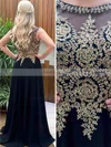 A-line Scoop Neck Chiffon Sweep Train Beading Prom Dresses #Favs020105012