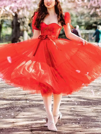 A-line Sweetheart Tulle Tea-length Short Prom Dresses With Sashes / Ribbons #Favs020020111803