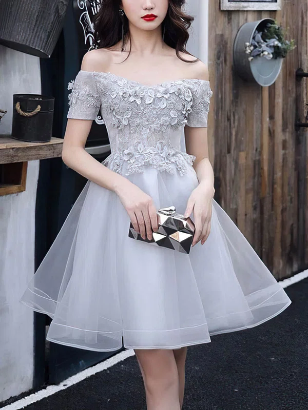 A-line Off-the-shoulder Lace Tulle Short/Mini Appliques Lace Short Prom Dresses #Favs020020109428