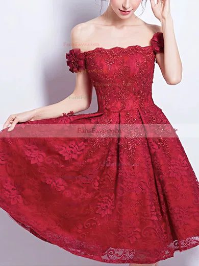 A-line Off-the-shoulder Lace Knee-length Appliques Lace Short Prom Dresses #Favs020020109429