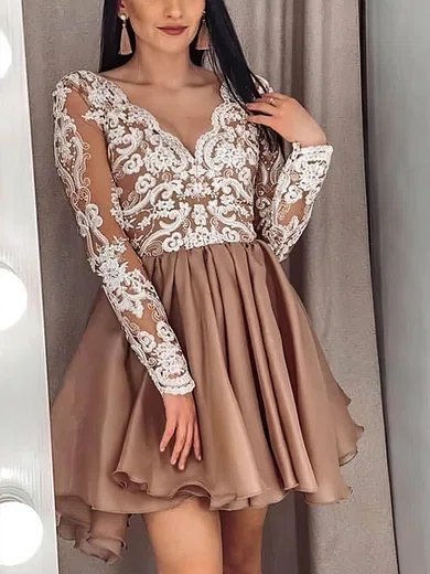 A-line V-neck Chiffon Short/Mini Appliques Lace Short Prom Dresses #Favs020020109431