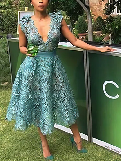 A-line V-neck Lace Tea-length Short Prom Dresses With Sashes / Ribbons #Favs020020111070