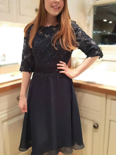 A-line Scoop Neck Chiffon Knee-length Beading Short Prom Dresses #Favs020020109433