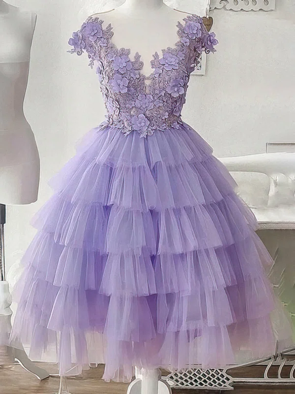 Princess Scoop Neck Tulle Lace Tea-length Short Prom Dresses With Appliques Lace #Favs020020110212