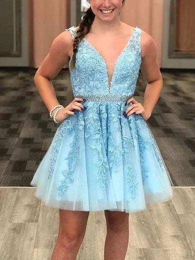 A-line V-neck Tulle Short/Mini Beading Short Prom Dresses #Favs020020109434