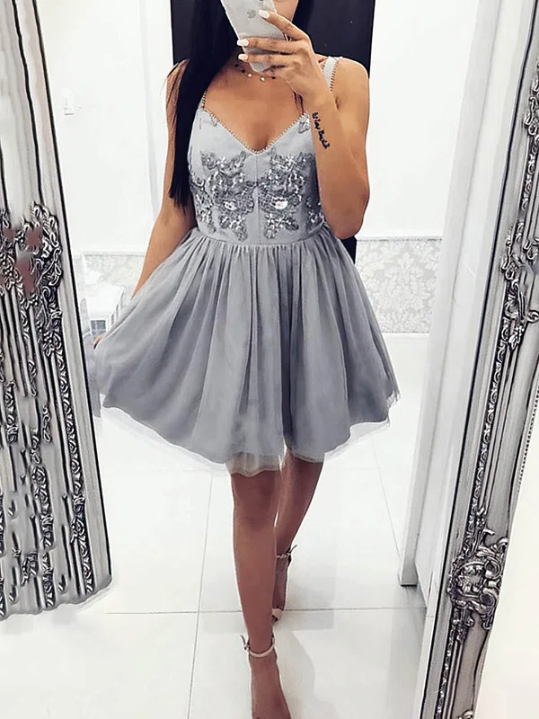 A-line V-neck Tulle Short/Mini Short Prom Dresses With Appliques Lace #Favs020020110216