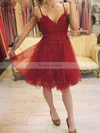 A-line V-neck Tulle Short/Mini Appliques Lace Short Prom Dresses #Favs020020109439
