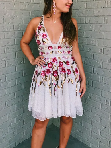 A-line V-neck Tulle Short/Mini Short Prom Dresses With Beading #Favs020020110218