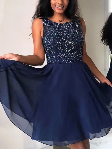 A-line Scoop Neck Chiffon Knee-length Pearl Detailing Short Prom Dresses #Favs020020109443