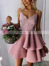 A-line V-neck Satin Short/Mini Appliques Lace Short Prom Dresses #Favs020020109446