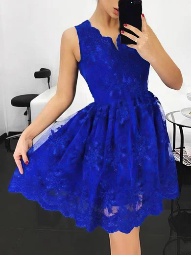 A-line V-neck Lace Short/Mini Appliques Lace Short Prom Dresses #Favs020020109448