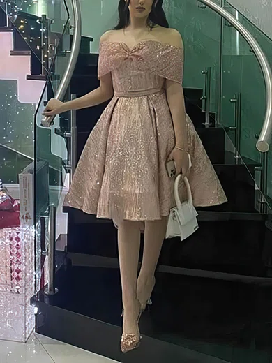 A-line Off-the-shoulder Glitter Knee-length Short Prom Dresses With Sashes / Ribbons #Favs020020111088