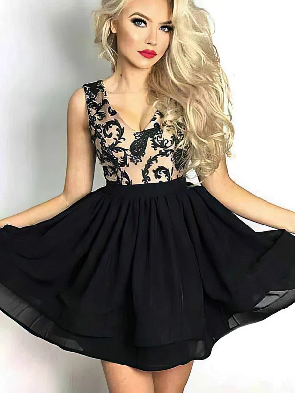 A-line V-neck Chiffon Short/Mini Short Prom Dresses With Appliques Lace #Favs020020110229