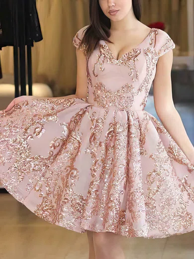 A-line V-neck Sequined Short/Mini Short Prom Dresses With Beading #Favs020020110230