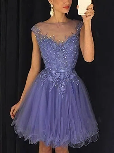 A-line Scoop Neck Tulle Short/Mini Beading Short Prom Dresses #Favs020020109451