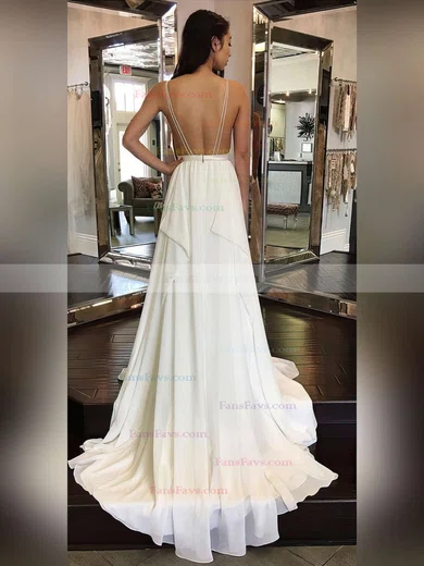 A-line V-neck Chiffon Sweep Train Sashes / Ribbons Prom Dresses #Favs020105276